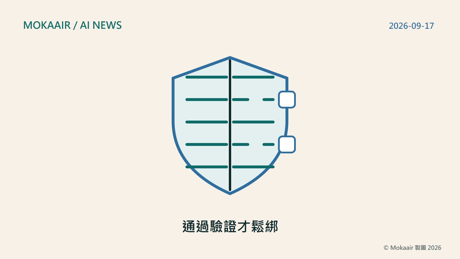原創插圖：中央畫一個對半分開的盾牌圖案，左半邊維持完整的柵欄紋路，代表標準防護沒有改變；右半邊柵欄出現幾道缺口，代表對生物相關工作放寬的部分，缺口旁各站一個小方塊代表通過驗證的團隊，不畫任何商標或介面畫面。