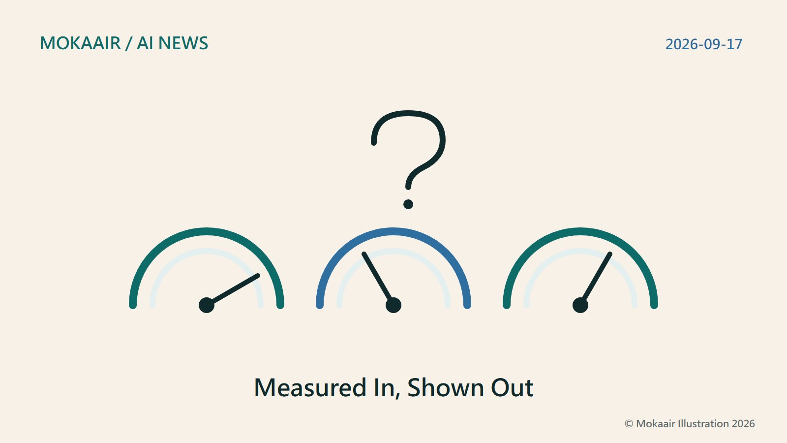 Original illustration: three gauge dials with needles at different readings, and a geometric question-mark outline above them, showing these readings still await outside scrutiny