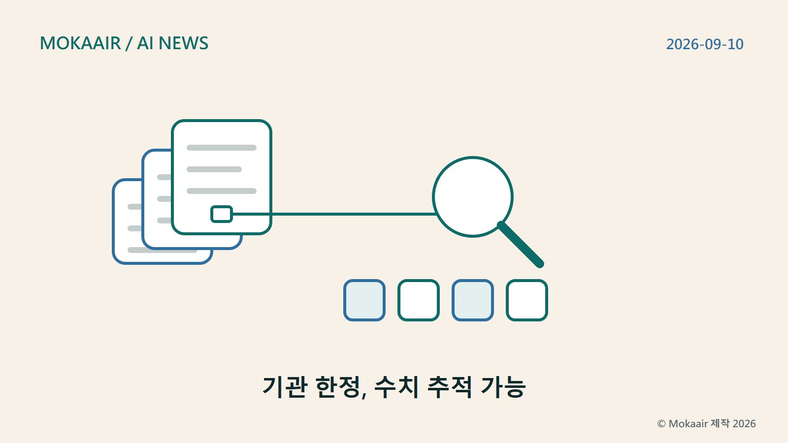 오리지널 일러스트: 왼쪽에는 높이가 다른 세 개의 문서 더미가 있어 여러 데이터 제공업체의 자료를 나타냅니다. 그중 작은 사각형 하나에서 오른쪽 돋보기까지 가는 선이 이어져 숫자를 원본 표까지 추적하는 것을 나타냅니다. 아래쪽에는 작은 사각형 네 개가 왼쪽에서 오른쪽으로 배열되어 데이터, 템플릿, 권한, 연락이라는 네 단계를 나타냅니다.