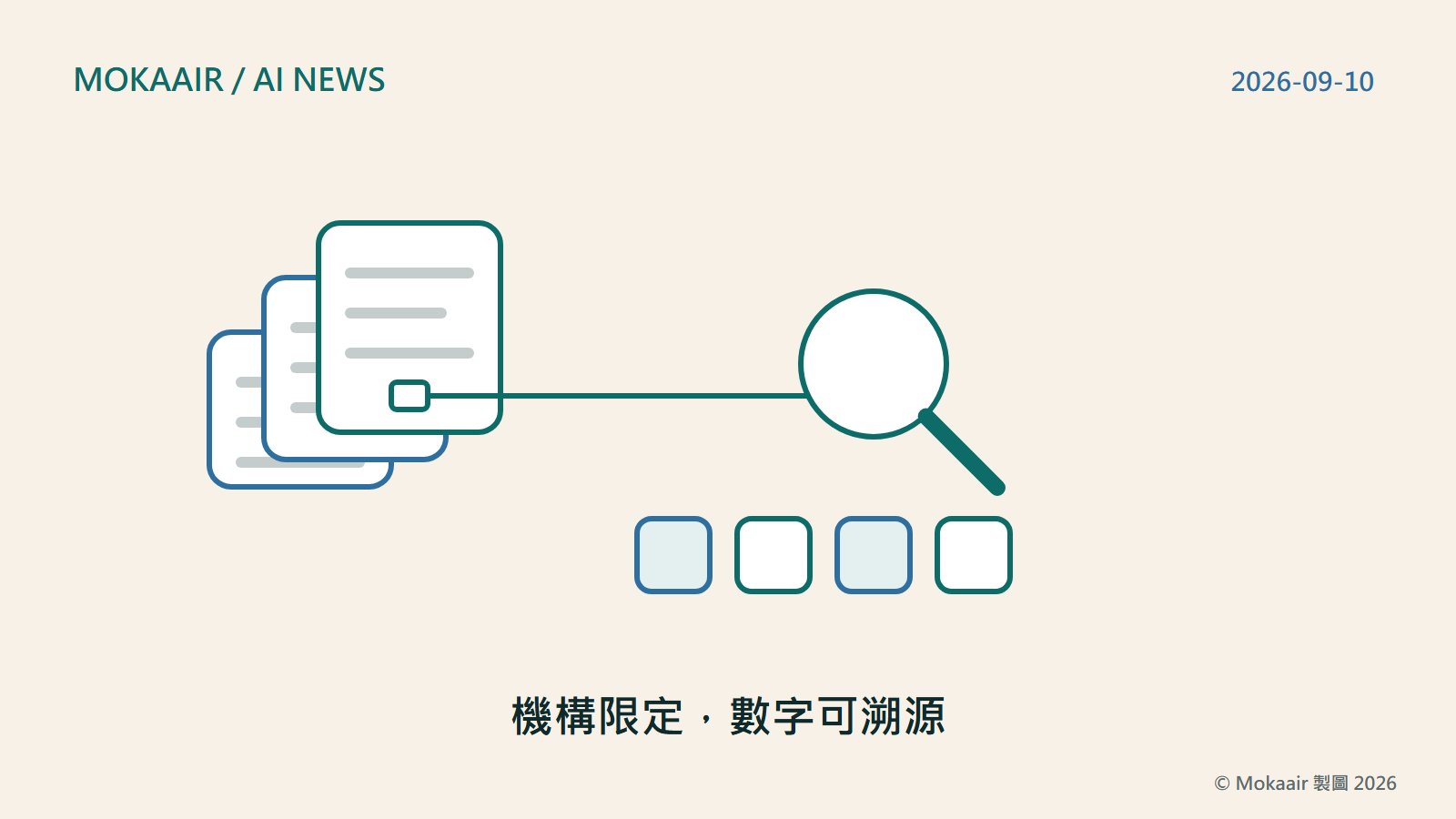 原創插圖：左邊三疊高低不一的文件代表多家資料商的資料，一條細線從其中一個小方塊延伸到右邊的放大鏡，代表把數字追回原始表格；下方四個小方塊由左至右排列，代表資料、範本、權限與聯絡四個環節。