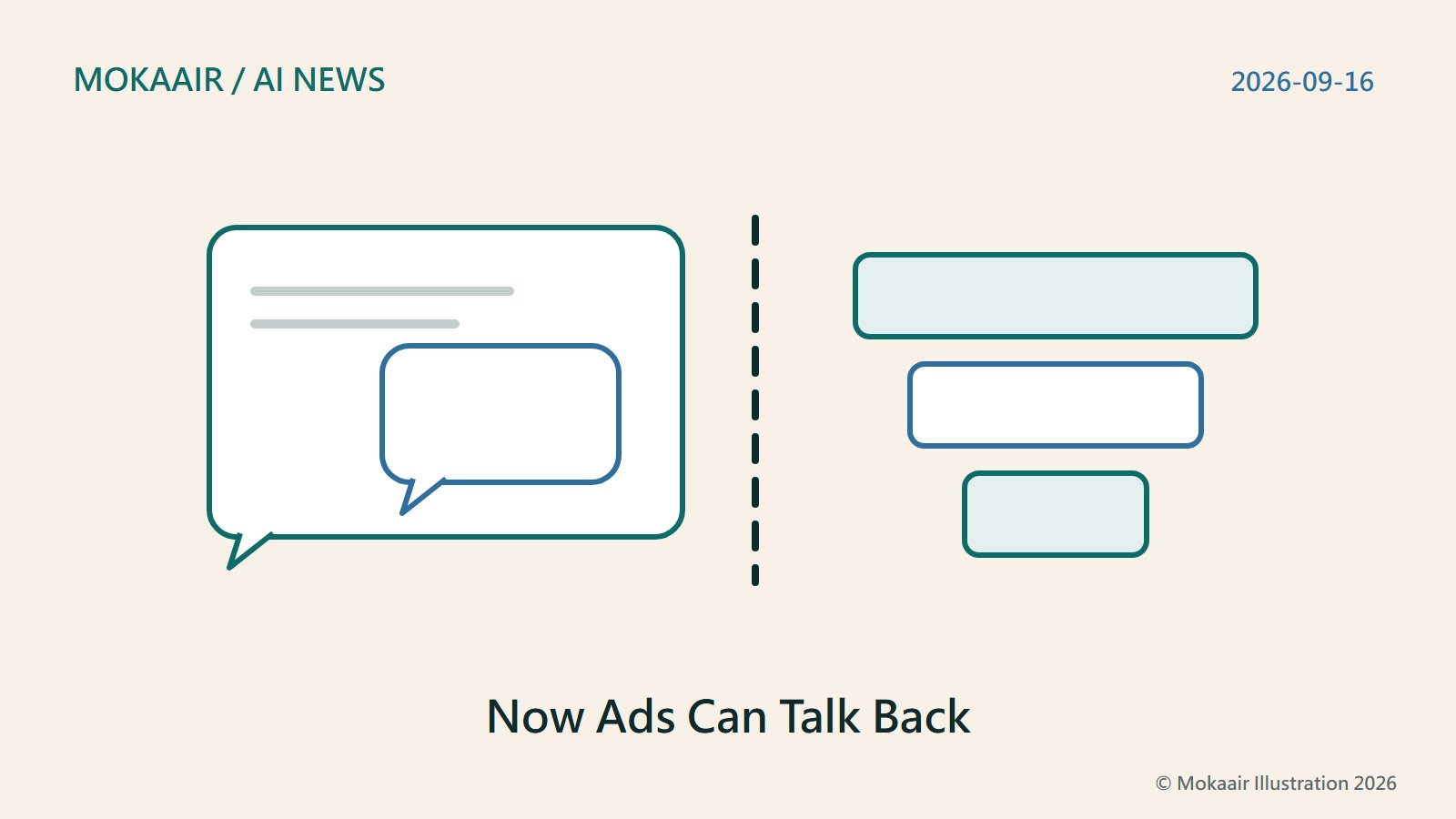 Speech-bubble icon with a smaller bubble inside for a separate Sponsored Agent chat, split by a dashed line; at right, a three-tier funnel for plan and region filtering who sees ads.