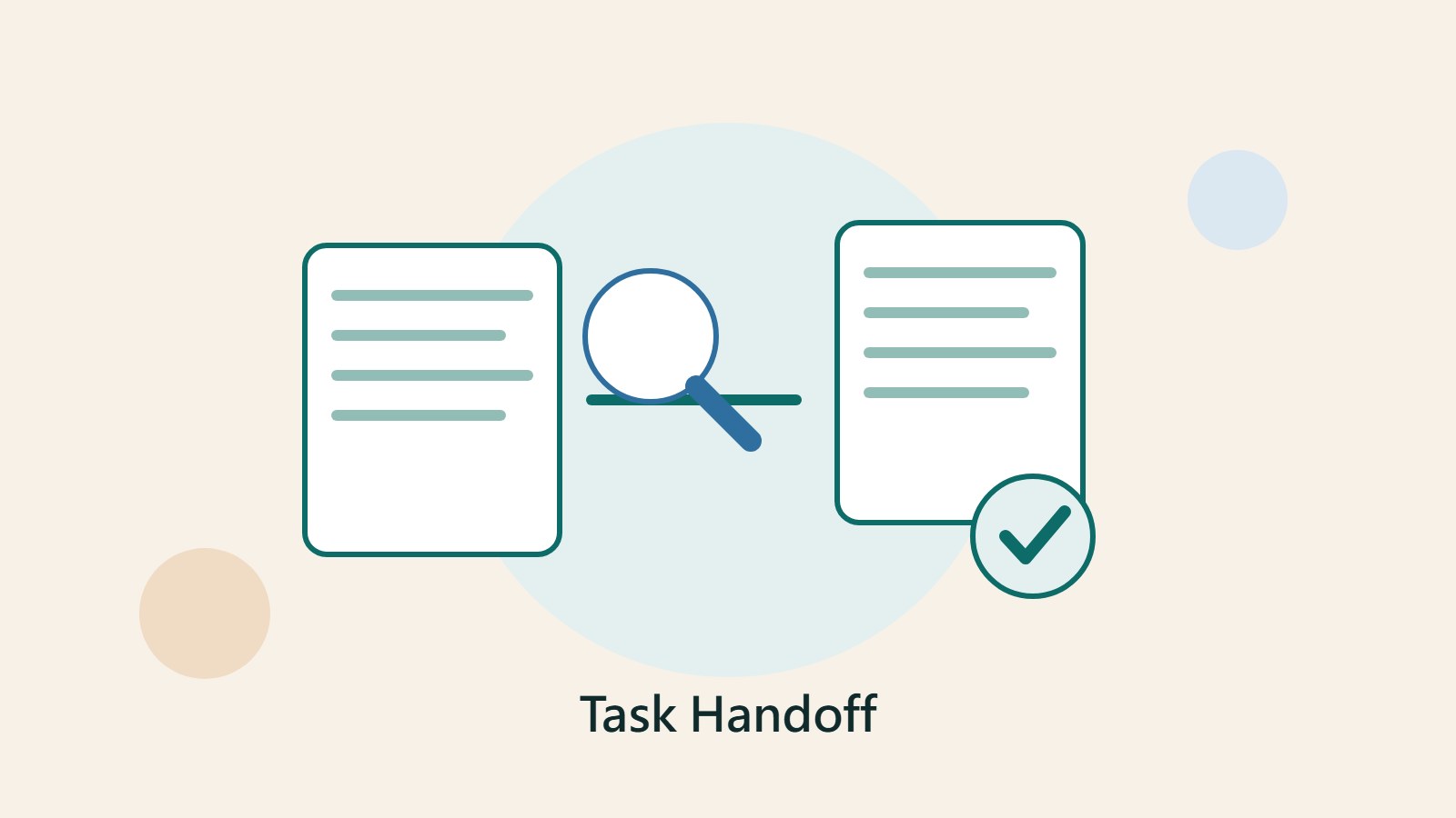 Original illustration of a desk workflow connecting documents, a magnifying glass, and checklist cards
