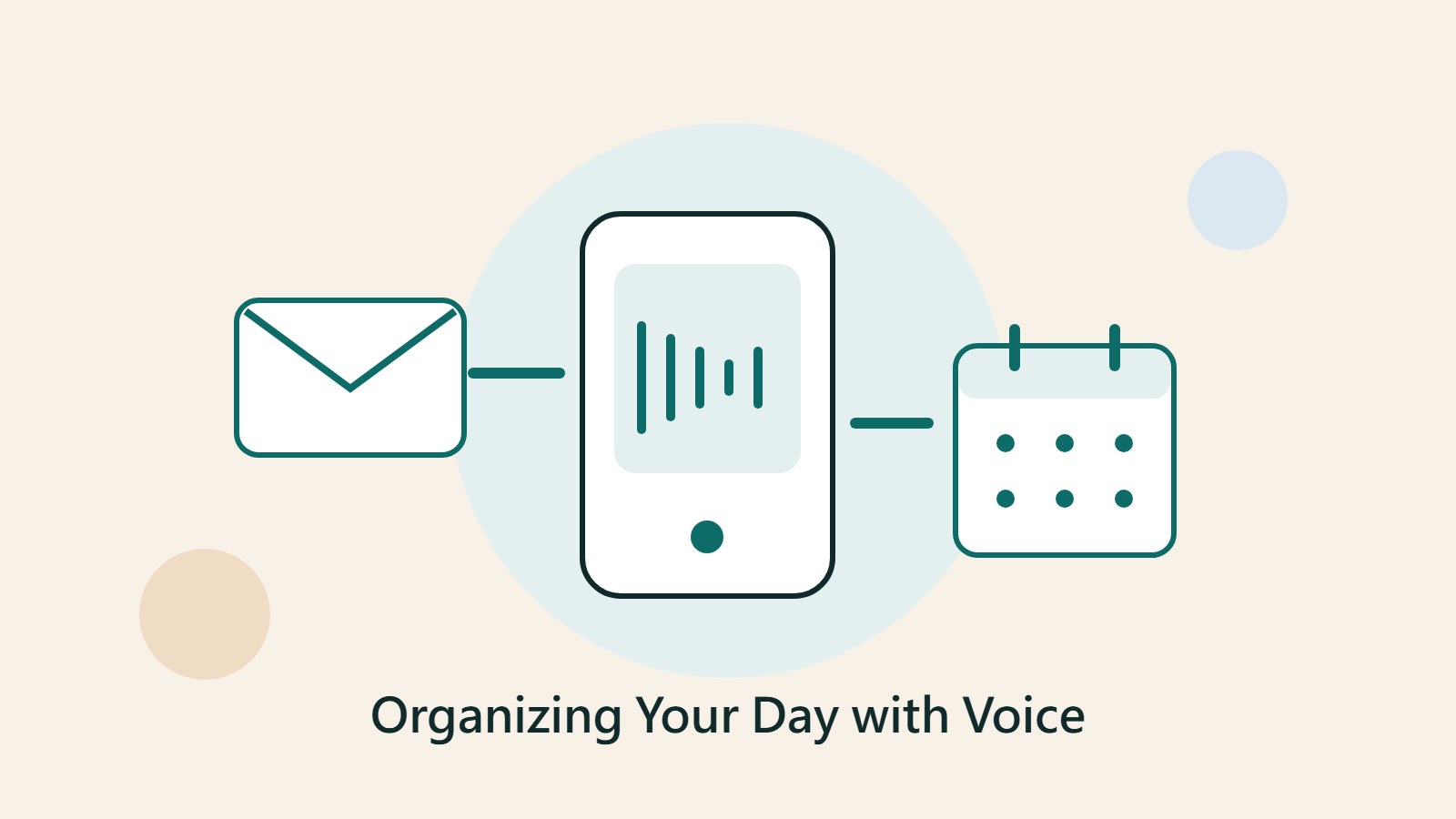 An original illustration of voice waveforms from a phone connecting envelopes, calendars, and documents to represent voice-driven daily tasks.