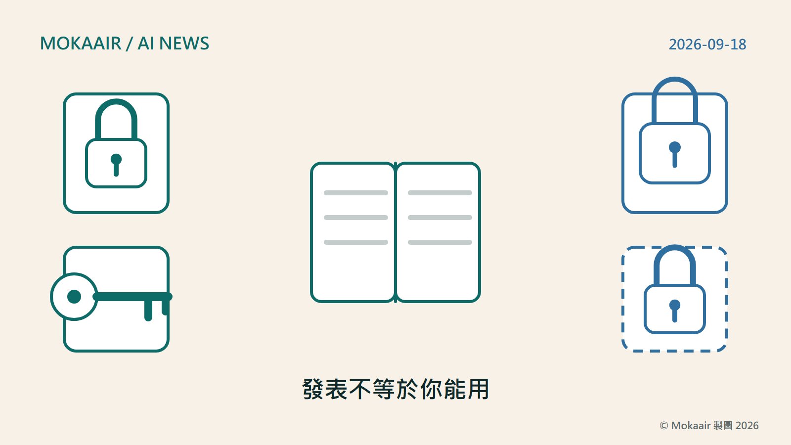 原創插圖：一本攤開的筆記本圖案居中，四個門形圖案圍繞四周並各自畫著不同的鎖，代表公司帳號、學校帳號、個人帳號與歐洲經濟區在這批公告裡各自不同的開放條件
