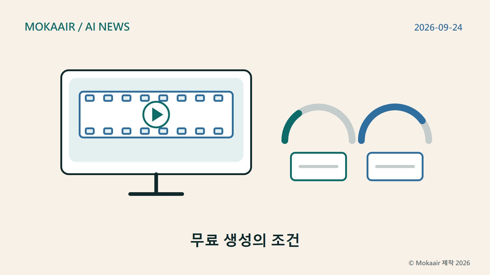 오리지널 일러스트: 필름 스트립과 재생 표시가 있는 데스크톱 화면입니다. 오른쪽에는 독립된 게이지 두 개가 있는데, 각각 두 도움말 페이지의 서로 다른 한도를 나타내며 채워진 높이가 다릅니다. 각각 아래에 작은 카드가 있습니다. 상표나 실존 인물은 포함되어 있지 않습니다.