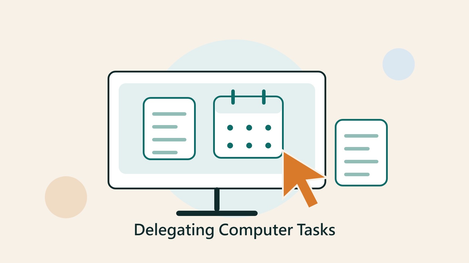 Original illustration showing an on-screen cursor linking to reports, spreadsheets, and confirmation cards, representing a computer task handover workflow.