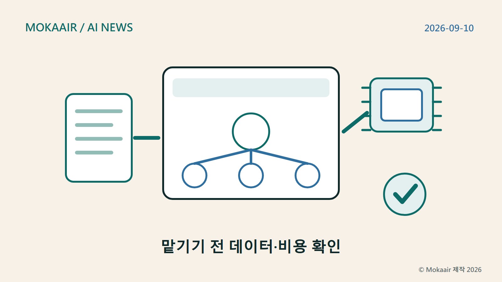 에이전트 세션이 샌드박스, 도구, 비용 기록 카드로 연결되어 AI 자동화를 맡기는 흐름을 보여 주는 오리지널 일러스트