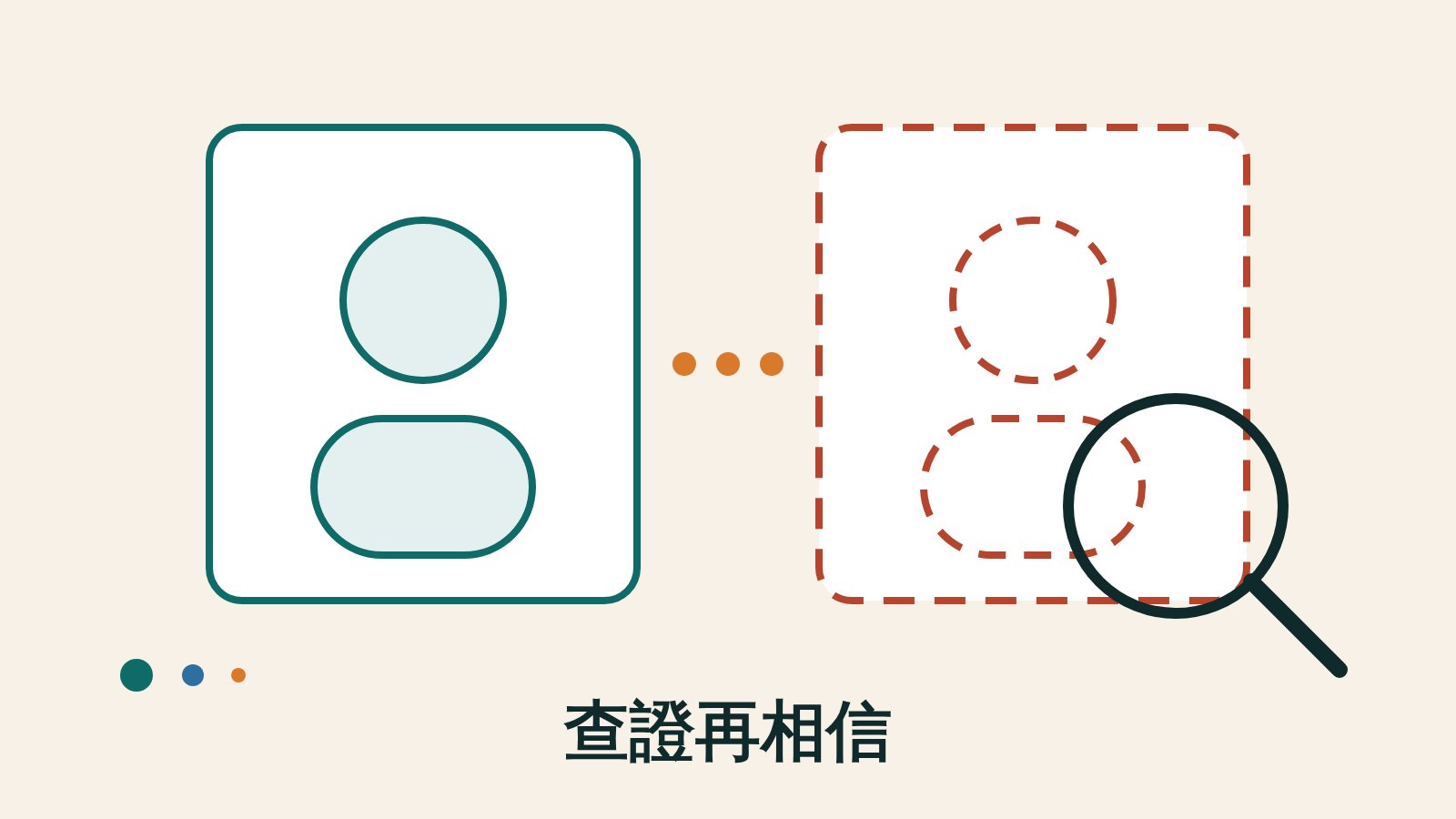 兩個並排的圓角方框，各裝著圓形與圓角長方形組成的抽象人形剪影，左邊是完整實線、右邊是斷開的虛線，右下角一個放大鏡圈住虛線那一側