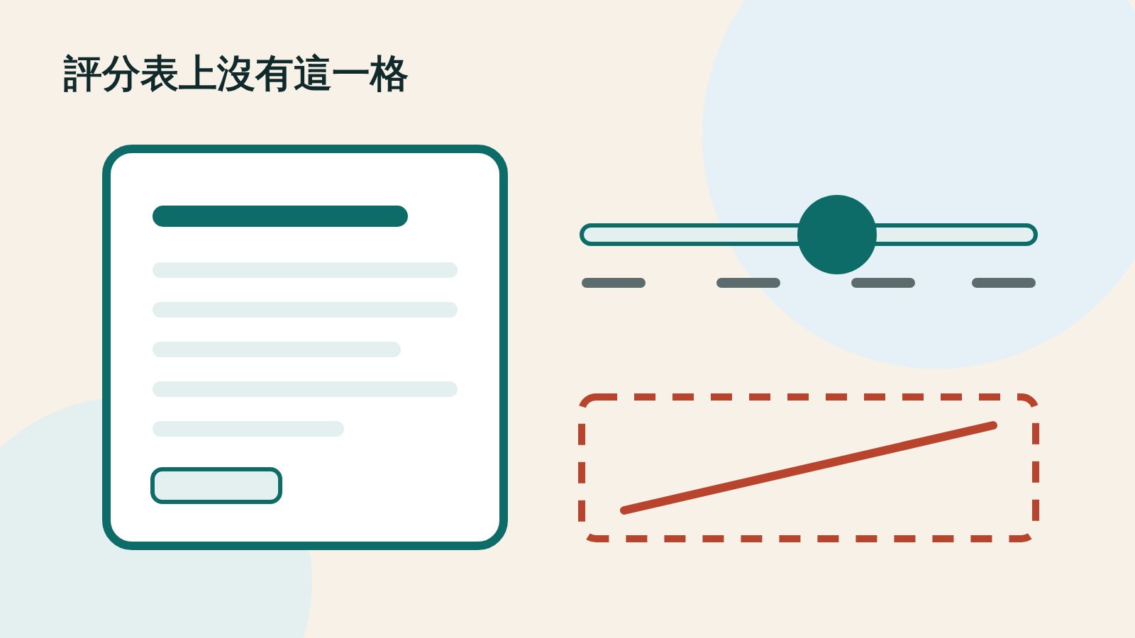 原創插畫：一份攤開的文件旁有一支評分滑桿，右邊是一個空白的分數框，表示沒有可以宣告的欄位。