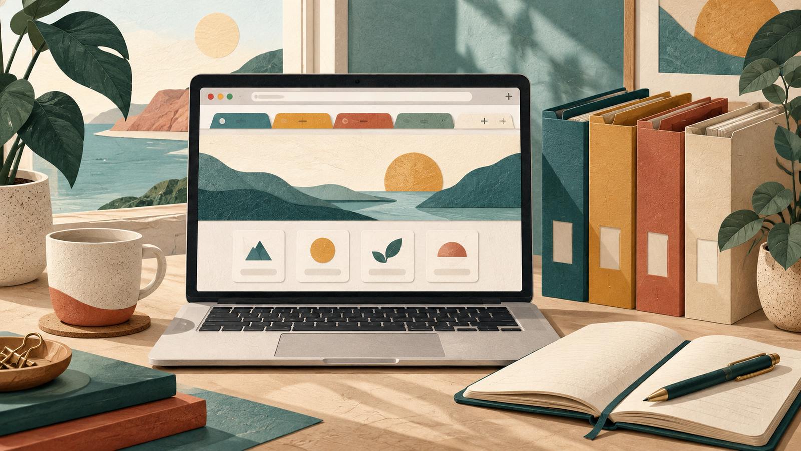 Abstract browser tabs on a laptop, upright folders, and a reading notebook (AI-generated illustration, not a photograph)