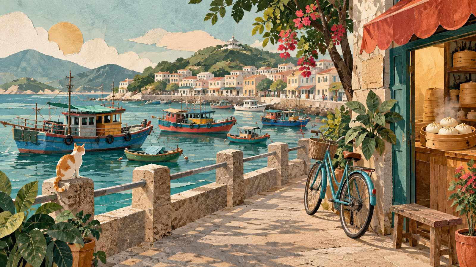 Conceptual Cheung Chau waterfront scene with fishing boats, a walkway, bicycles and small shops (AI-generated illustration, not a photograph)