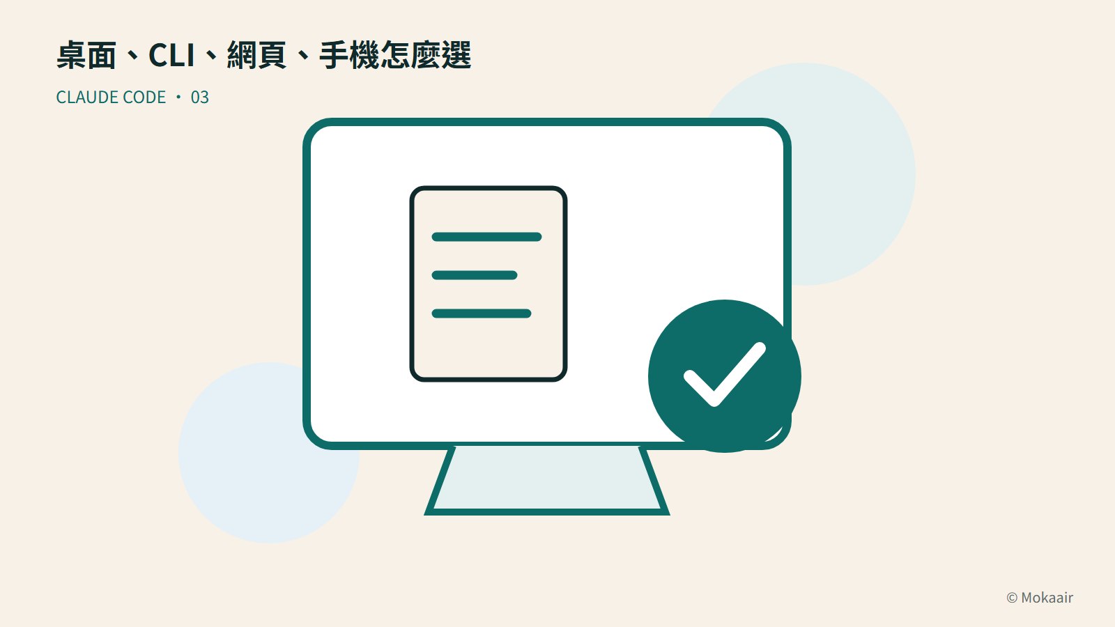 桌面、CLI、網頁、手機怎麼選:文件、螢幕與完成記號的幾何插圖