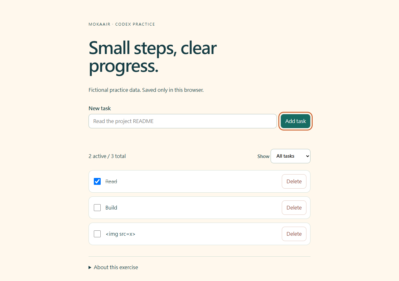 修改後的練習網站：標題為 Small steps, clear progress.，Add task 按鈕有橘色鍵盤焦點框。