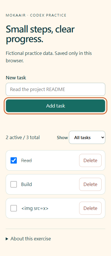 修改後的練習網站：標題為 Small steps, clear progress.，Add task 按鈕有橘色鍵盤焦點框。