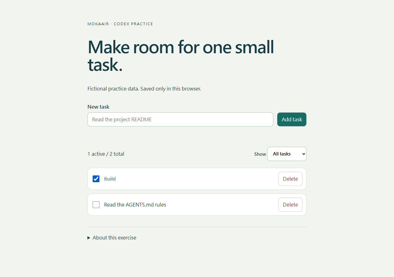 Practice task website: Build is complete and Read the AGENTS.md rules is pending, with two tasks in total.
