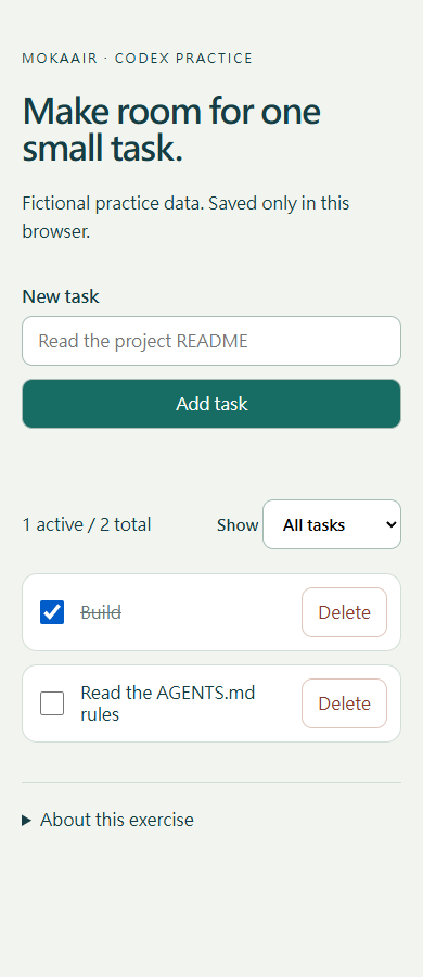 Practice task website: Build is complete and Read the AGENTS.md rules is pending, with two tasks in total.