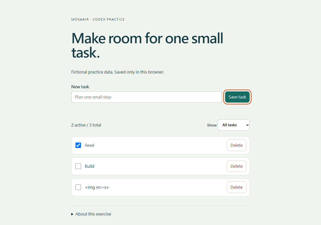Prompt exercise result: the input hint reads Plan one small step. The Save task button has an orange focus outline.