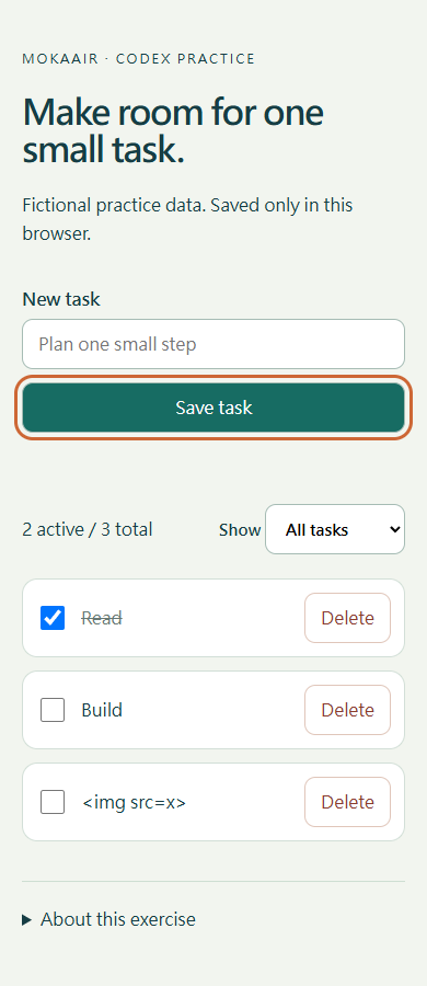 Prompt exercise result: the input hint reads Plan one small step. The Save task button has an orange focus outline.