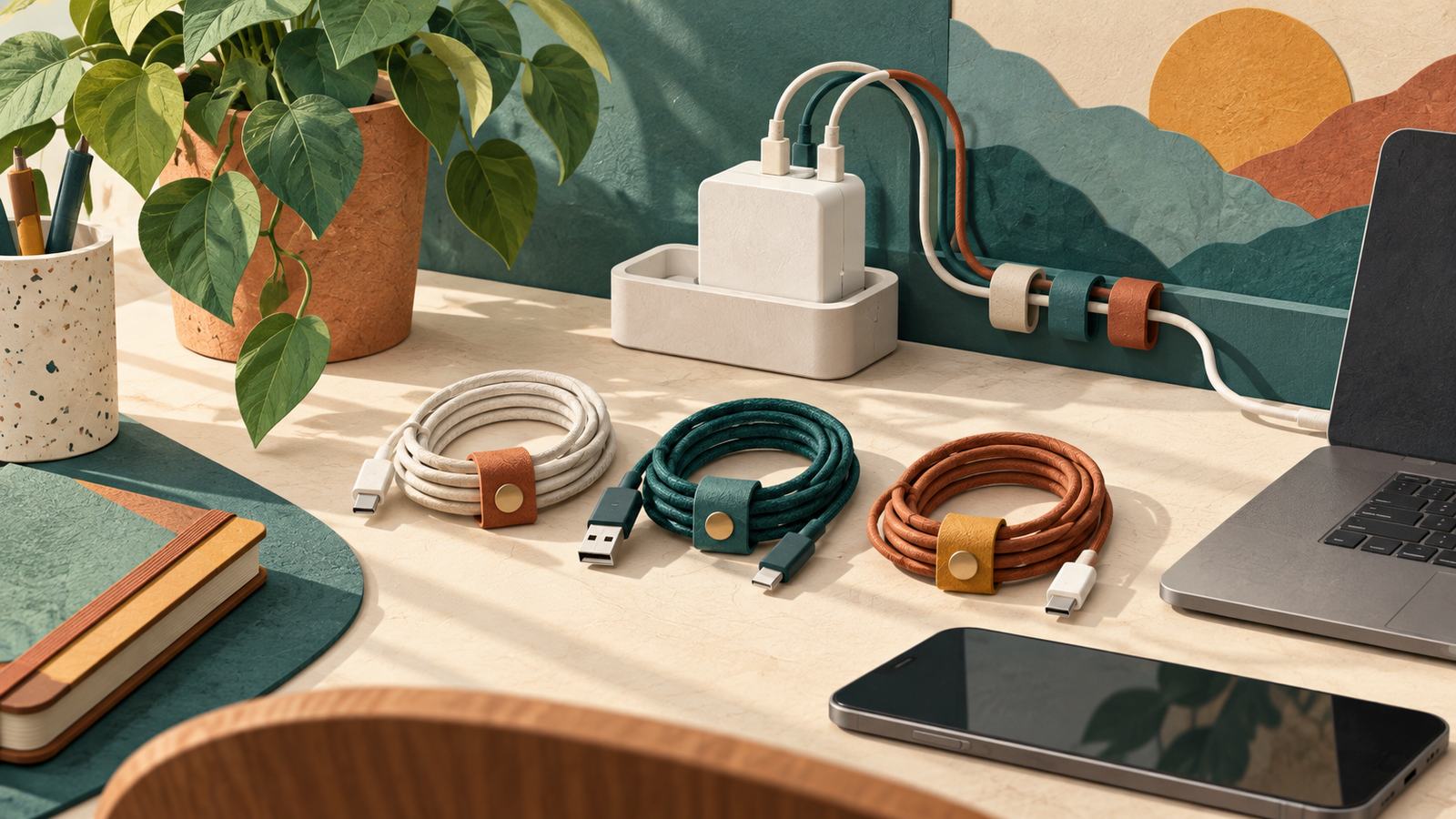 Neatly organized cables, reusable cable ties, an unbranded charger, and desktop devices (AI-generated illustration, not a photograph)
