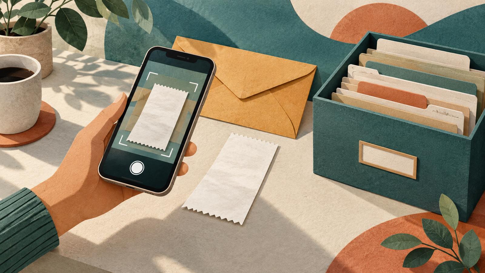 A phone scanning a blank paper receipt, with an envelope and a document storage box beside it (AI-generated illustration, not a photograph)