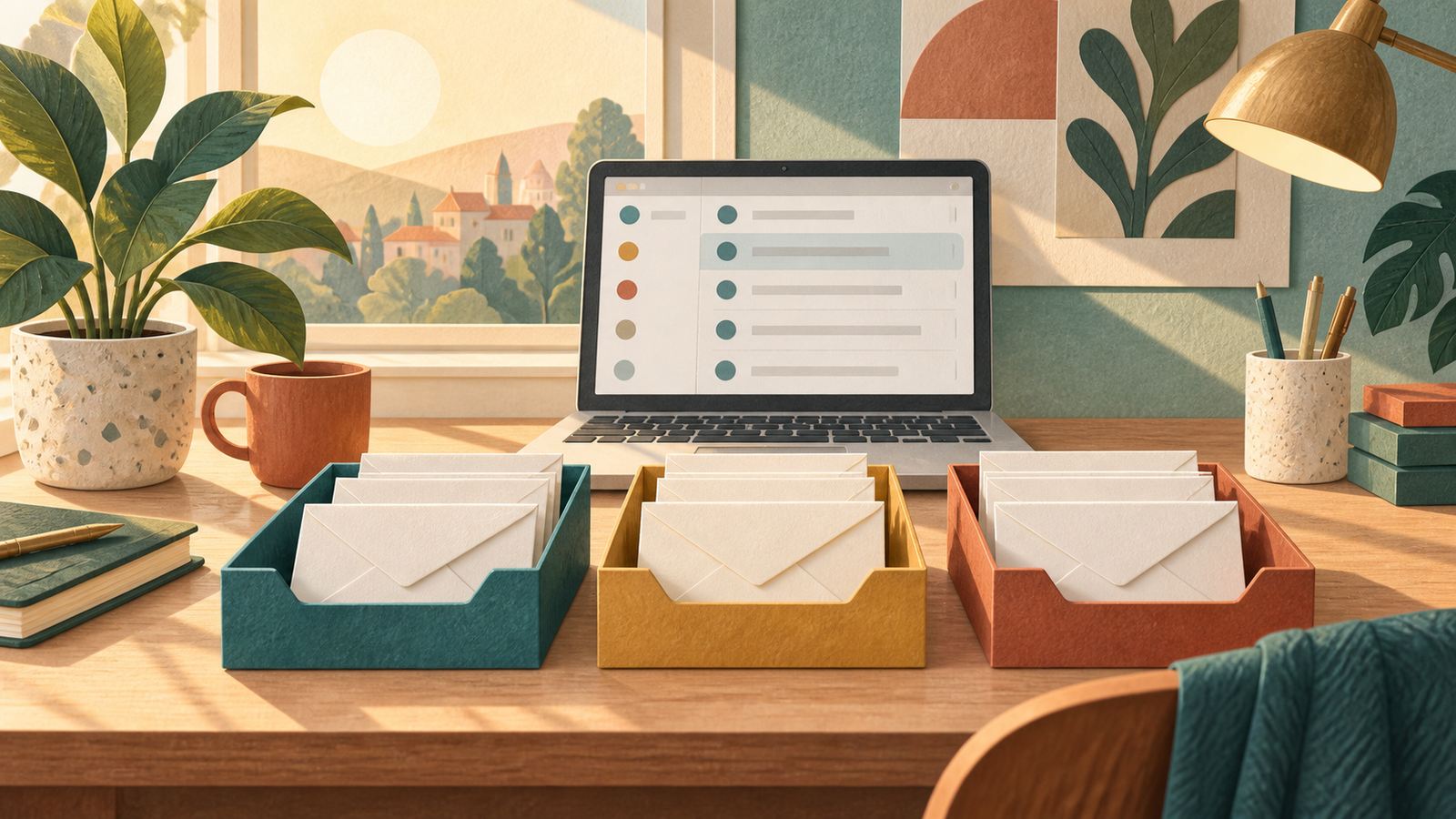Three inbox trays, envelopes, and a laptop showing an abstract email list (AI-generated illustration, not a photograph)