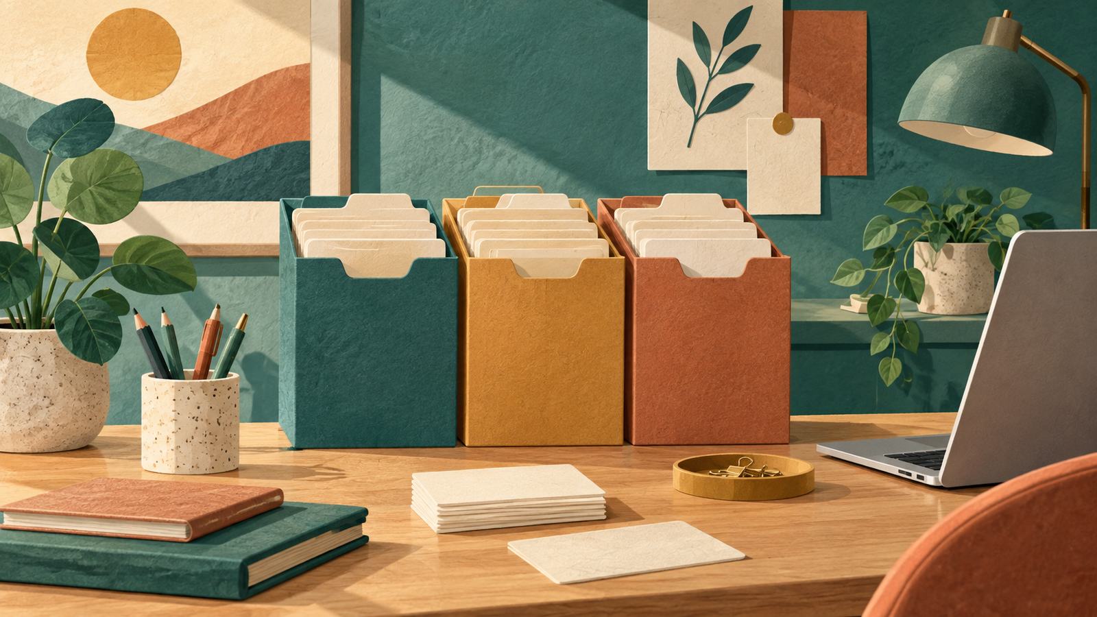 Three folders, blank file cards, a laptop and a small plant on a desk (AI-generated illustration, not a photograph)