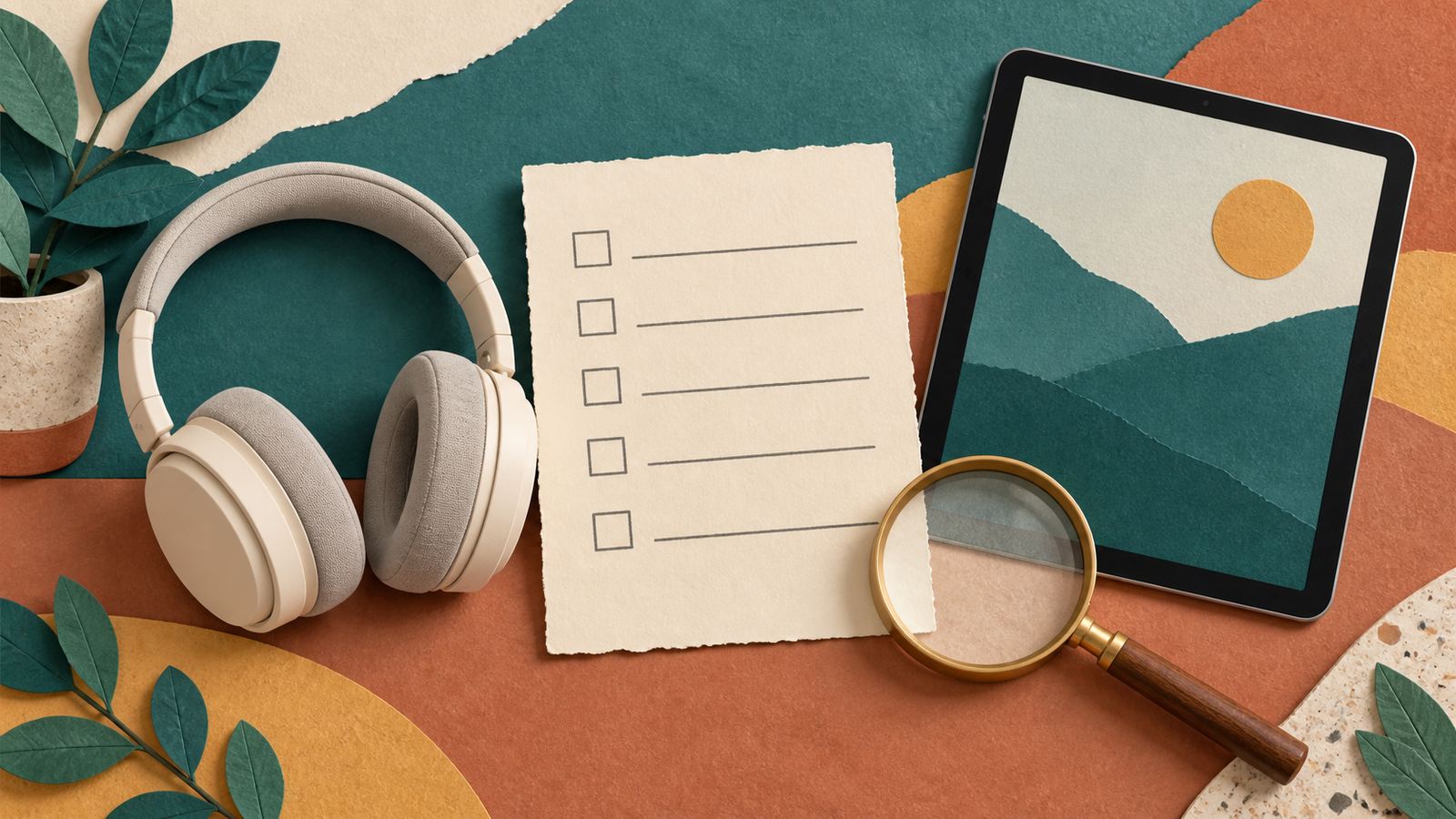 Headphones, a tablet, a magnifying glass, and a blank needs comparison checklist (AI-generated illustration, not a photograph)