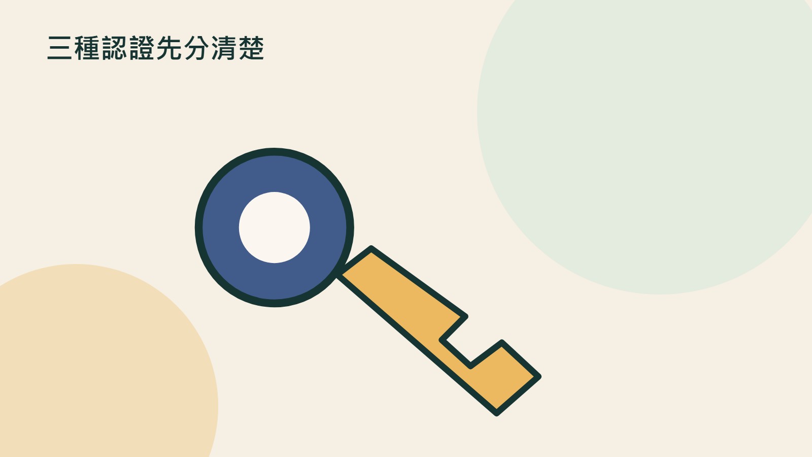 三種認證先分清楚的原創插畫，以文件、裝置與流程等物件呼應Google 帳號、API Key 與計費；非產品介面。