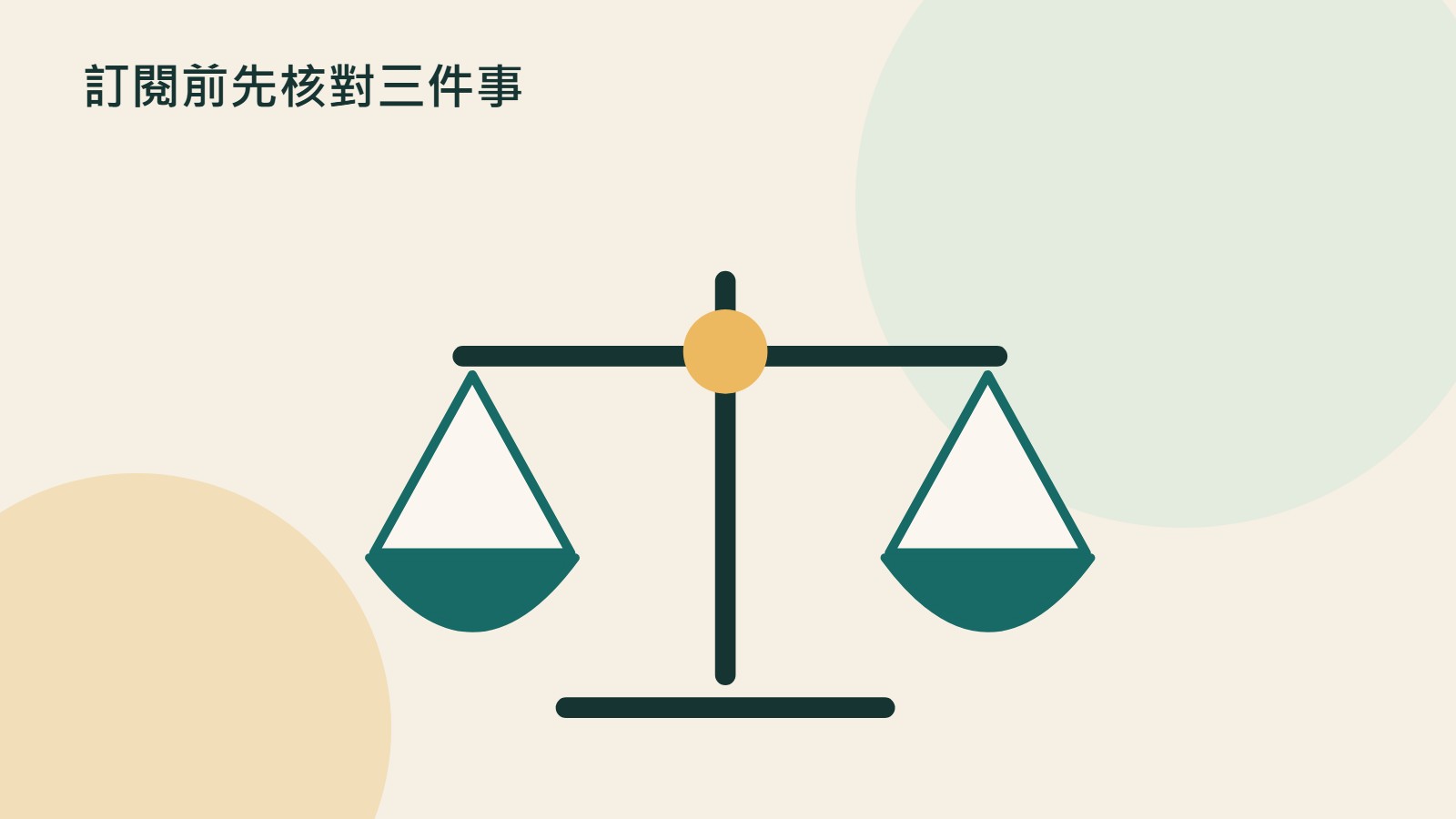 訂閱前先核對三件事的原創插畫，以文件、裝置與流程等物件呼應功能、額度與訂閱選擇；非產品介面。