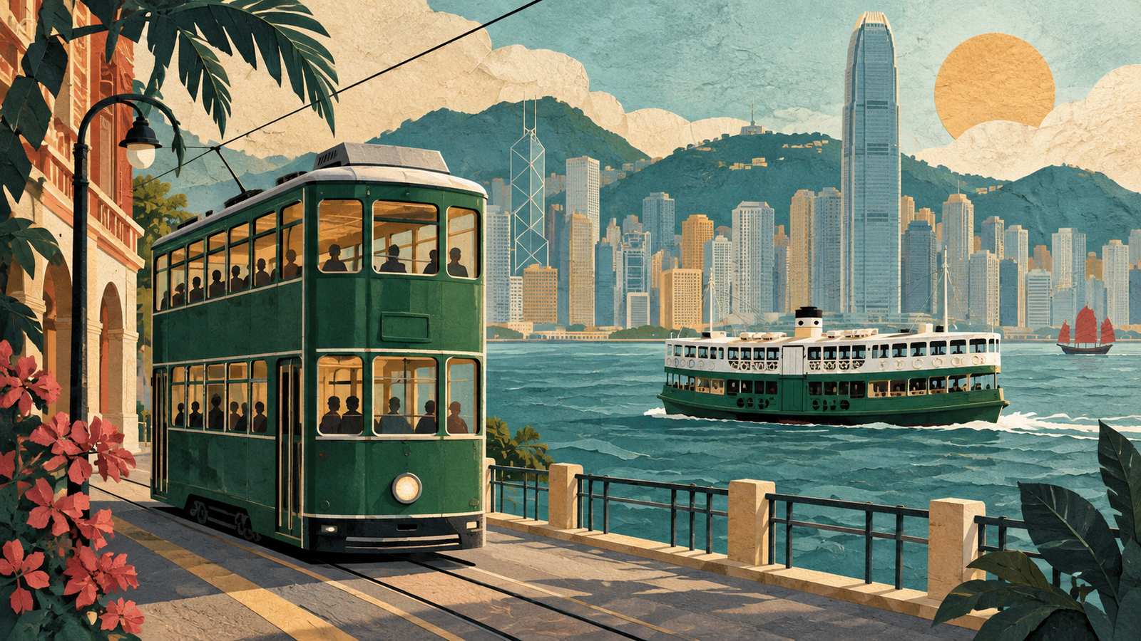 A double-decker tram on a Hong Kong Island street and a harbour ferry in the distance (AI-generated illustration, not a photograph)