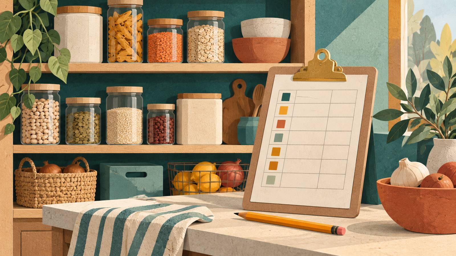 Household storage shelves, simple containers, and a clipboard with an abstract table (AI-generated illustrative artwork, not a photograph)