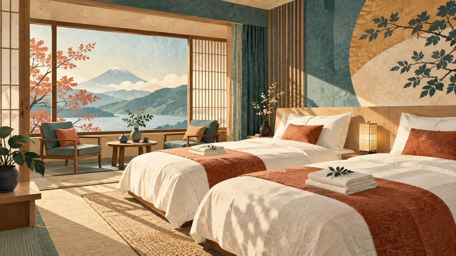 A guest room with two beds, neatly arranged towels, and morning light (AI-generated illustration, not a photograph)