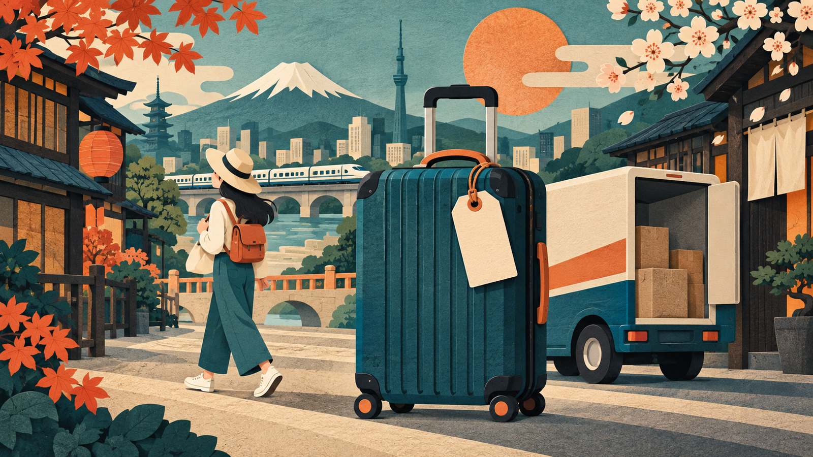 Suitcases, a blank shipping label, and a delivery truck, with a Japanese street and train behind them (AI-generated illustration, not a photograph)
