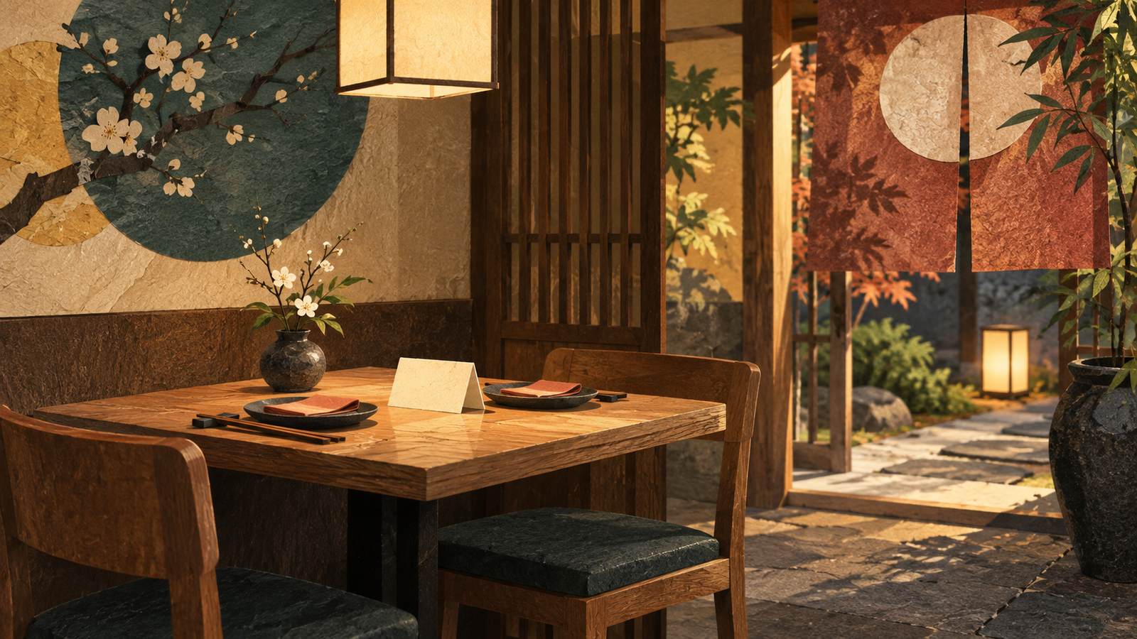 A table set for two, a blank reservation card, and the entrance inside a small restaurant (AI-generated illustration, not a photograph)