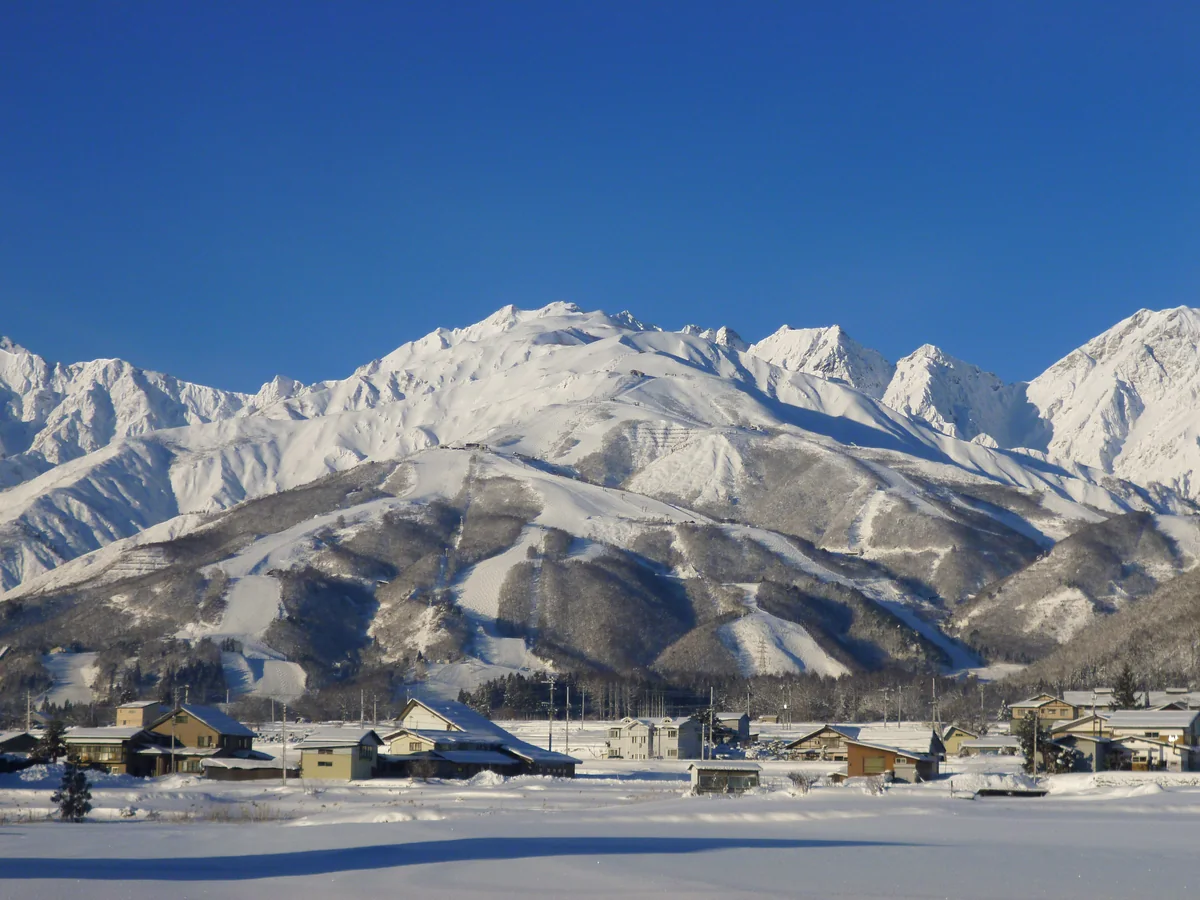 白馬八方尾根滑雪場的雪道與遠處的山