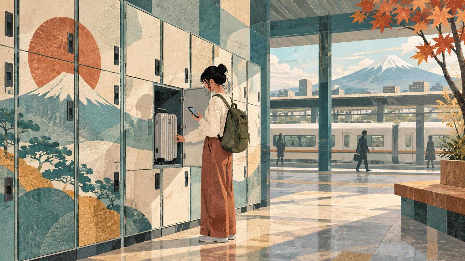 Station lockers, a suitcase, and a phone for recording the location (AI-generated illustration, not a photograph)