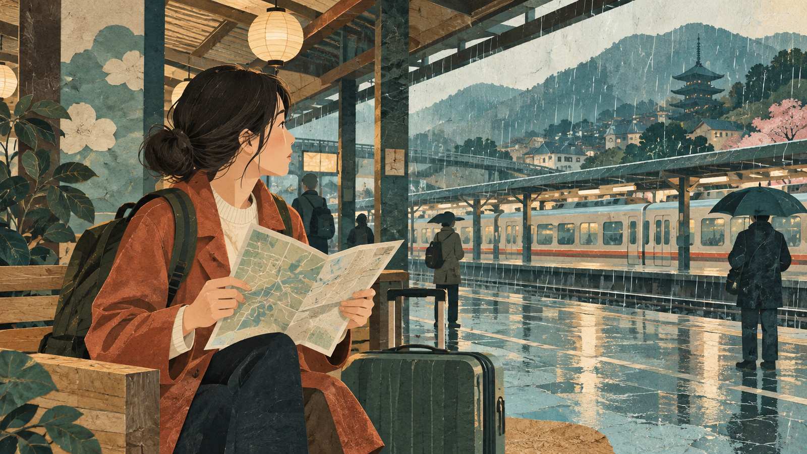 A traveler checks a paper map at a station on a rainy day, with luggage nearby (AI-generated illustration, not a photograph)