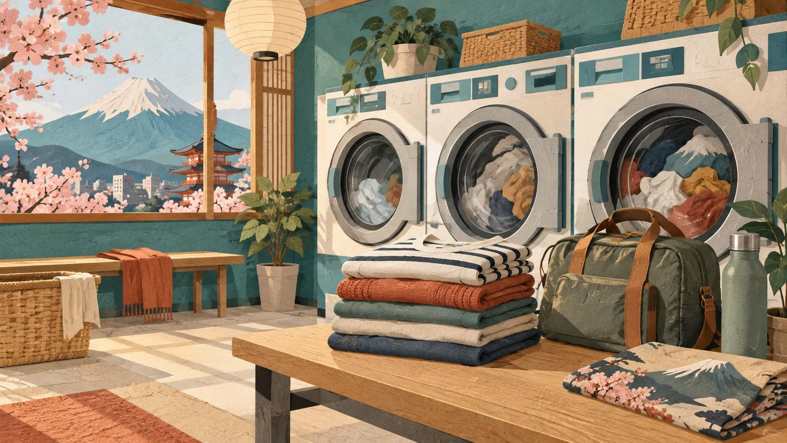 Drum-style machines, folded clothes, and a small travel bag in a laundromat (AI-generated illustration, not a photograph)