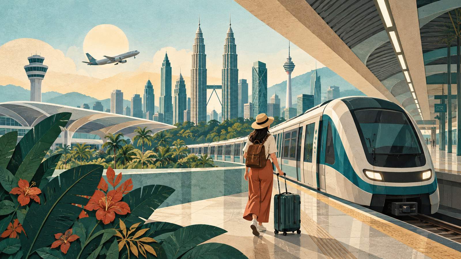 A train at an airport platform, travelers pulling luggage and a distant tropical city (AI-generated illustration, not a real photograph)
