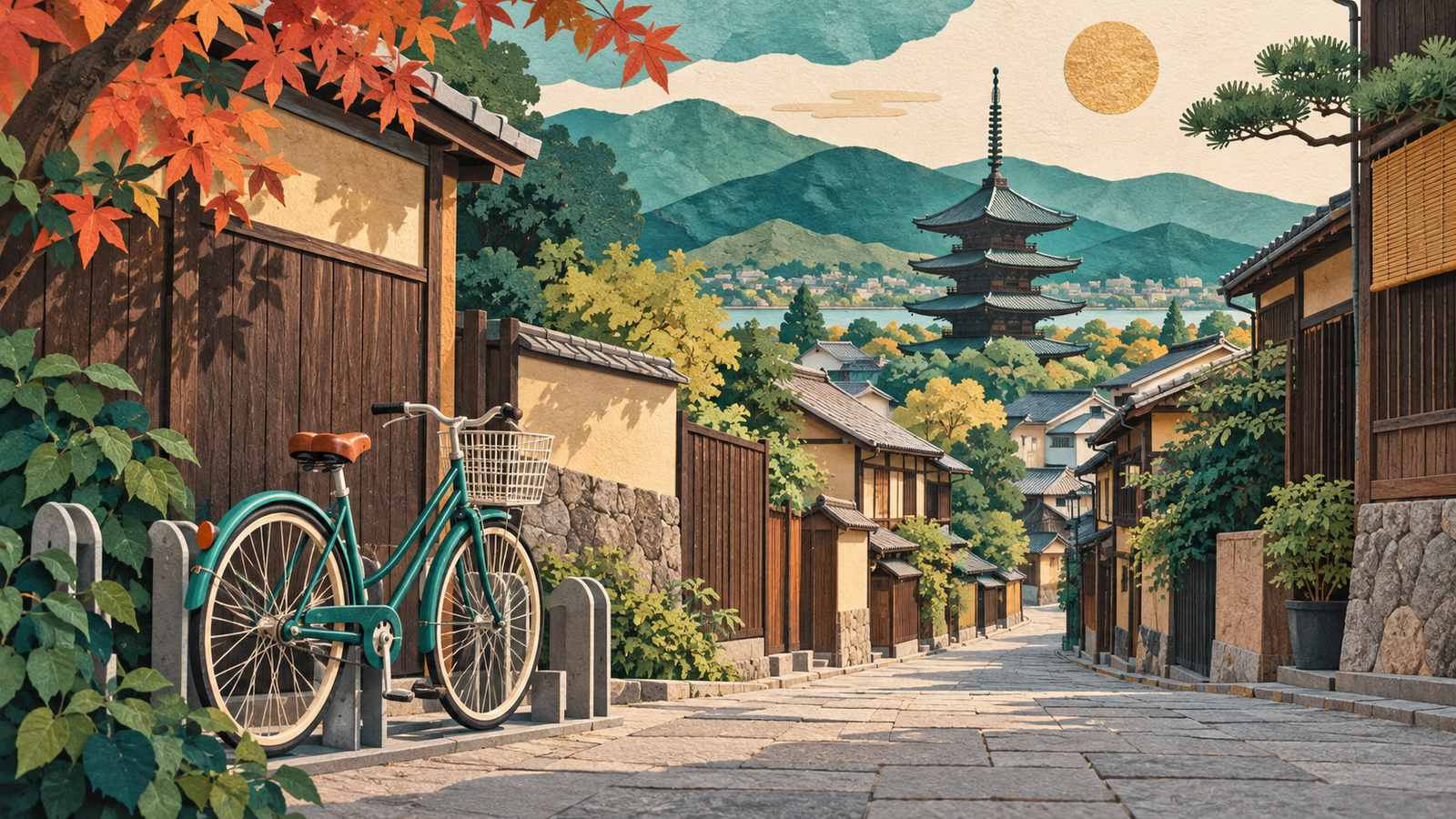 A bicycle parked beside a designated rack, with wooden buildings along a lane and mountains in the background (AI-generated illustration, not a photograph)