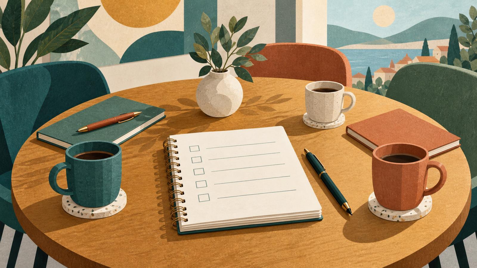 A notebook with blank checkboxes, a pen, and three drinks on a meeting table (AI-generated illustration, not a photograph)