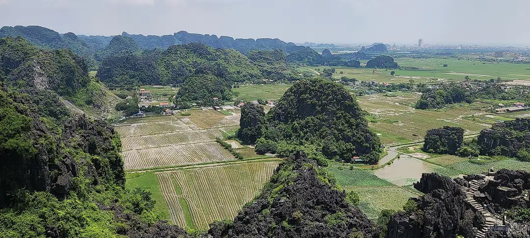 從舞洞山頂往下看，石灰岩山之間是一片片稻田，右下角是上山的石階