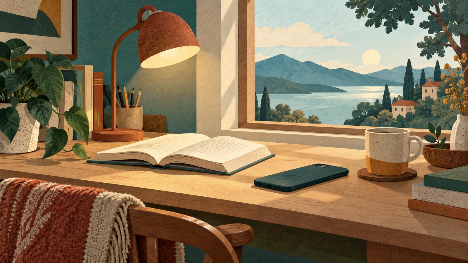A phone placed face down, a reading lamp, and a quiet desk by a window (AI-generated illustration, not a photograph)