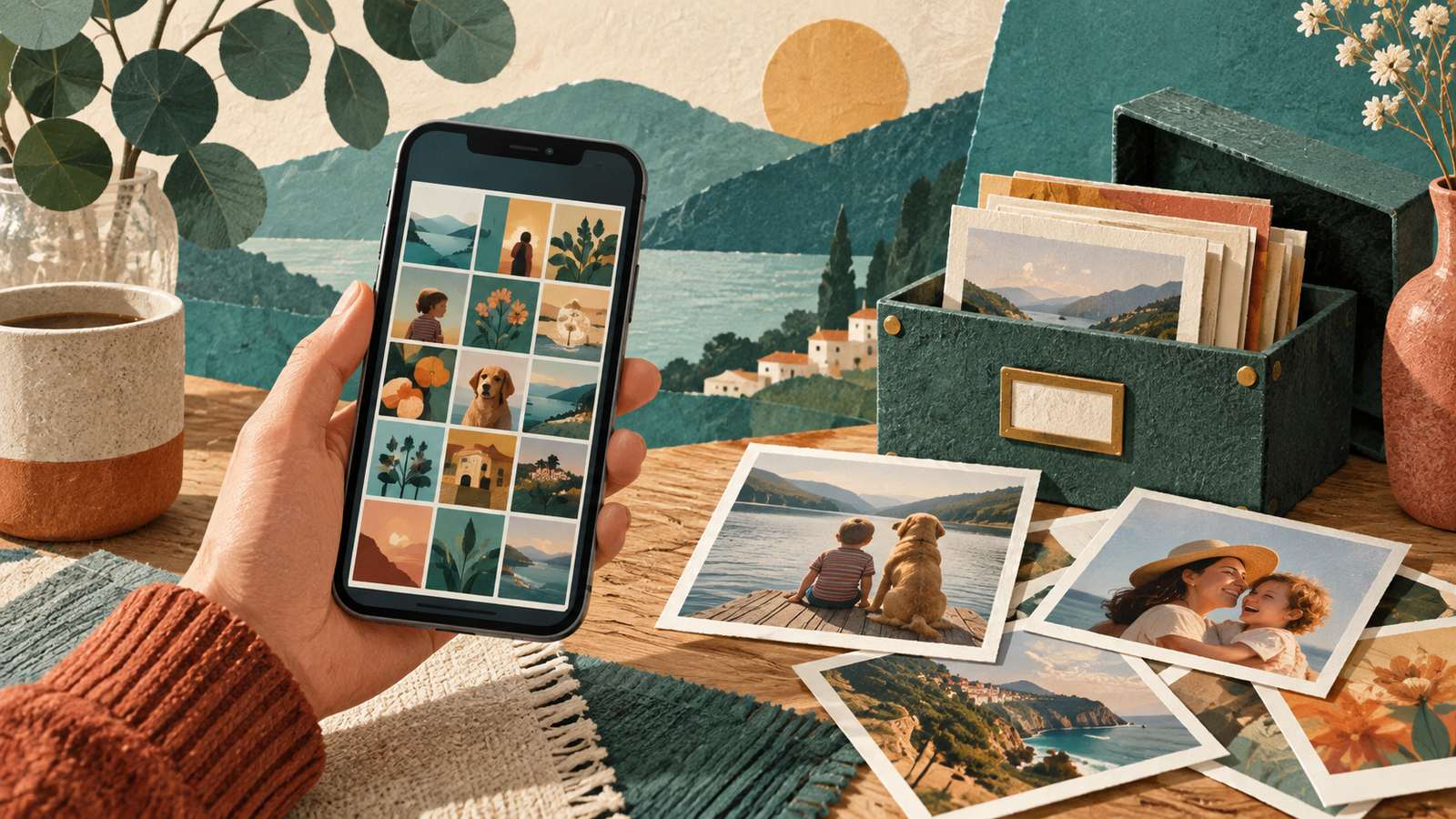 An abstract photo grid on a phone, printed family photos and a keepsake box (AI-generated illustration, not a photograph)