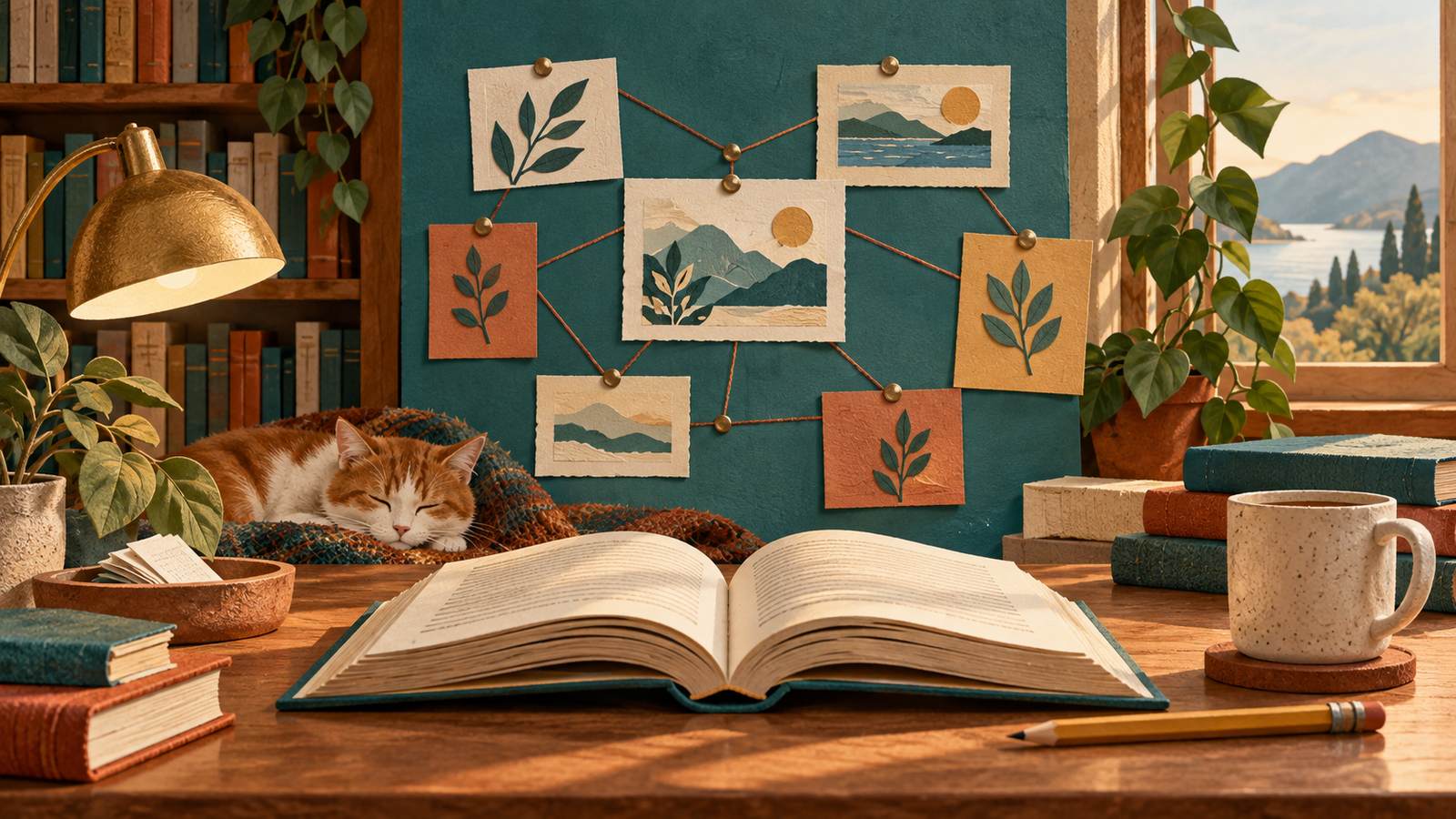 An open book, linked index cards, a pencil and a warm bookshelf corner (AI-generated illustration, not a photograph)