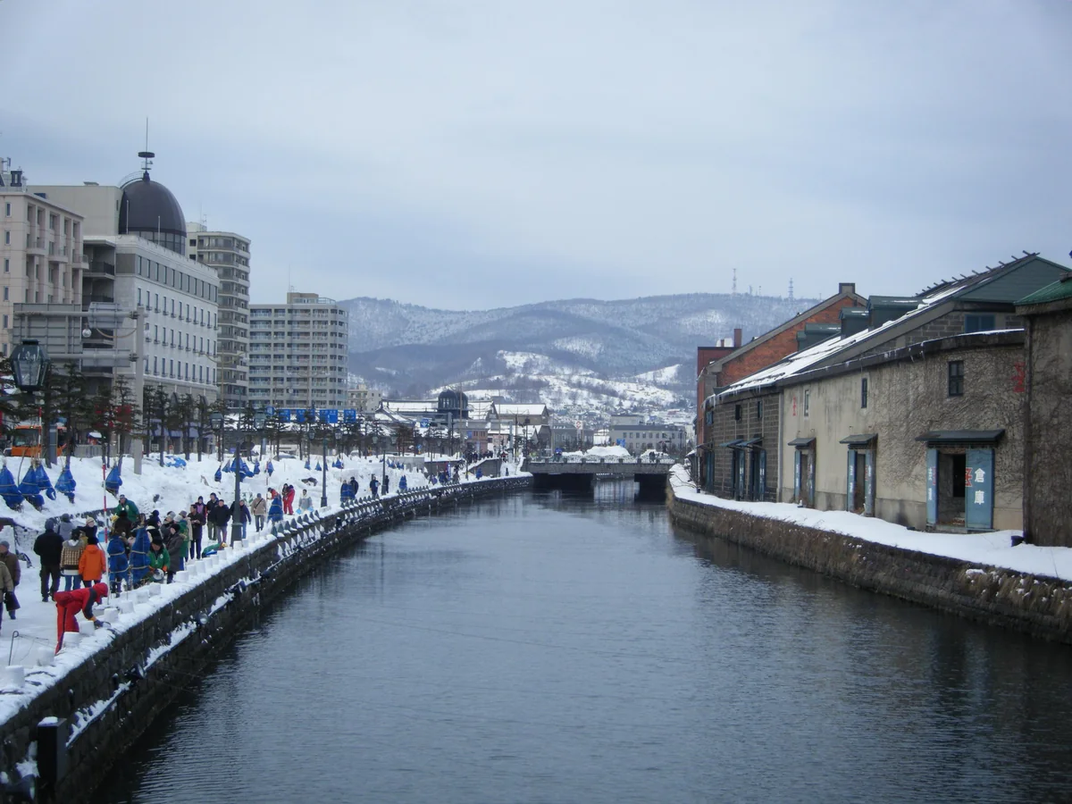 Snow-covered Otaru Canal and its former warehouses in winter