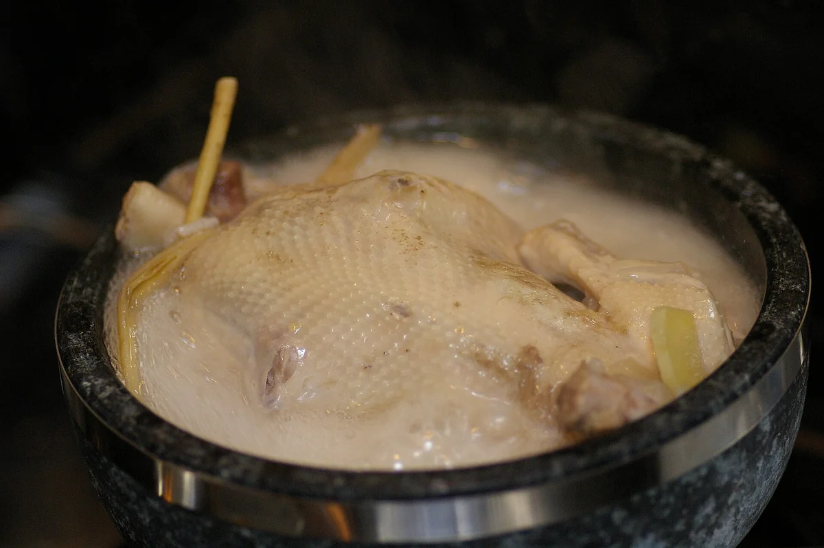 深色湯碗裡是一整隻雞與乳白色湯汁，雞身旁露出細長的食材，湯面冒著熱氣