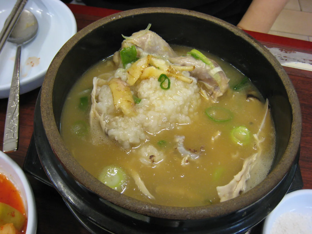 深色湯碗裡露出雞肉、米粒團與蔥花，碗邊可見餐盤、湯匙和局部紅色配菜