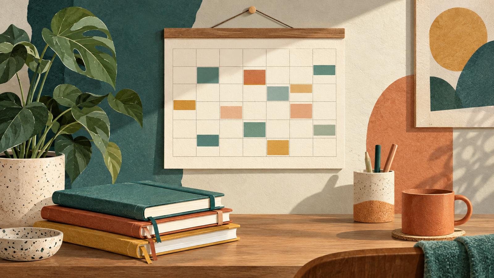 A household calendar with colored blocks, three notebooks and a potted plant (AI-generated illustration, not a photograph)