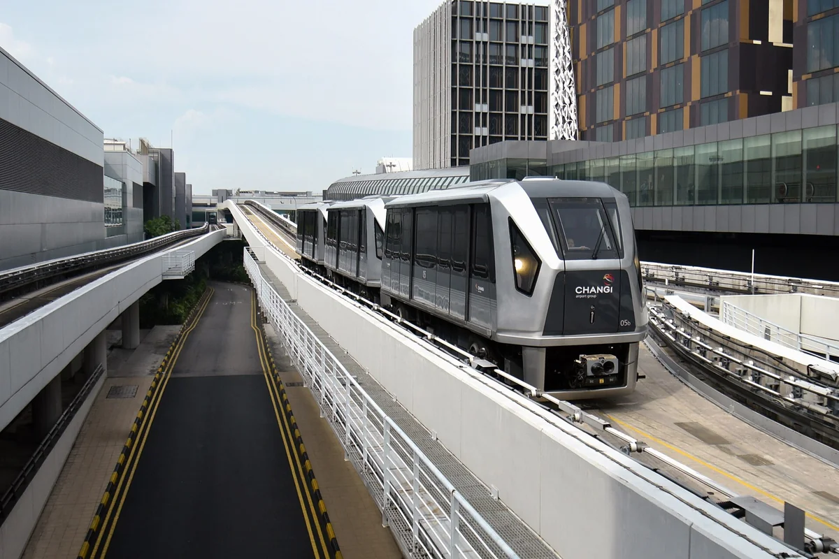 A Changi Airport Skytrain approaches the T3 station on its elevated track